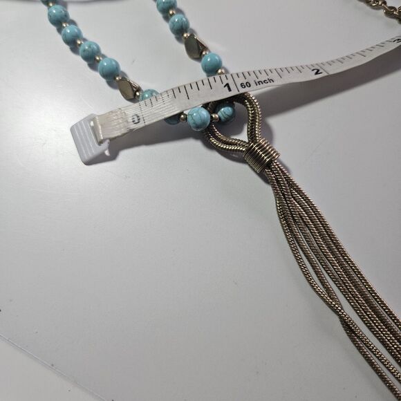 Gold Tone Long Necklace With Turquoise And Tassel Pendant 40 To 43" - Picture 7 of 13